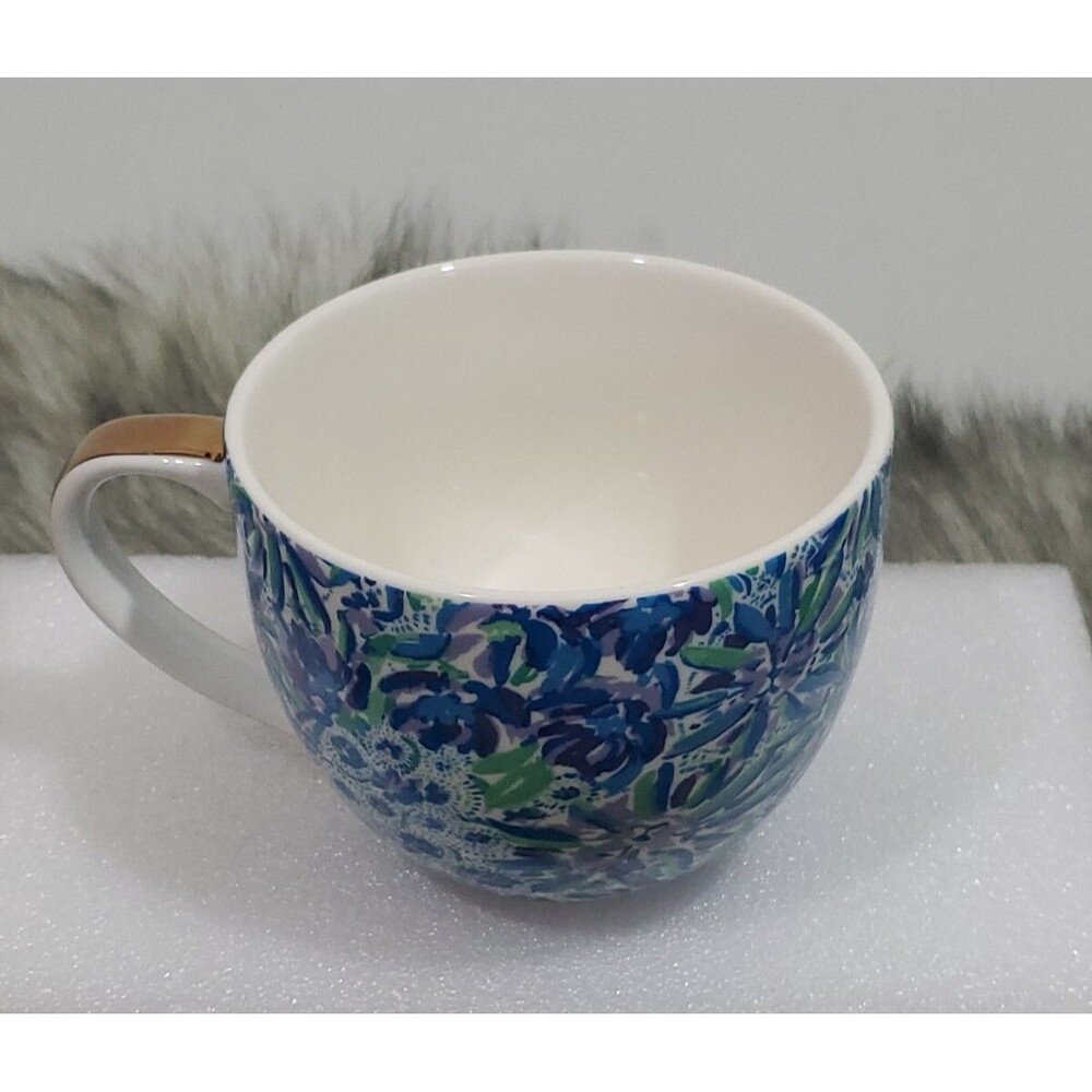 2 Lilly Pulitzer Coffee Cups Blue Watercolor Floral Gold Handle